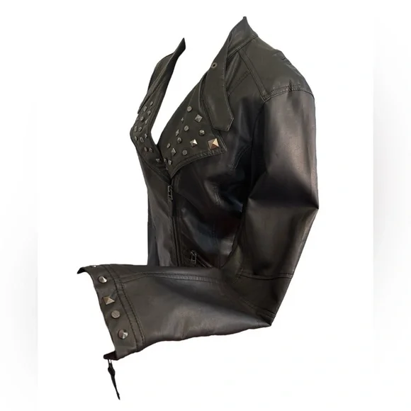 NWT 90s BLACK STUDDED MOTO JACKET ROCKABILLY VEGAN LEATHER JESSICA SIMPSON SZ XL - Picture 4 of 11